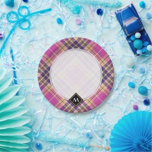 Roze, goud en blauwe tartan papieren bordje (Feest)