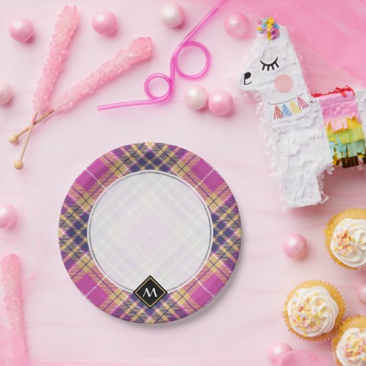 Roze, goud en blauwe tartan papieren bordje (Feest)