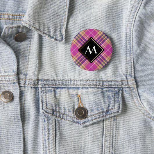Roze, goud en blauwe tartan ronde button 5,7 cm (In situ)