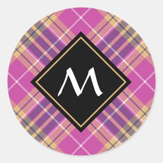 Roze, goud en blauwe tartan ronde sticker (Voorkant)