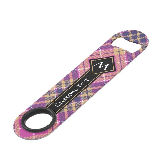 Roze, goud en blauwe tartan speed flessenopener (Voorkant Gekanteld)