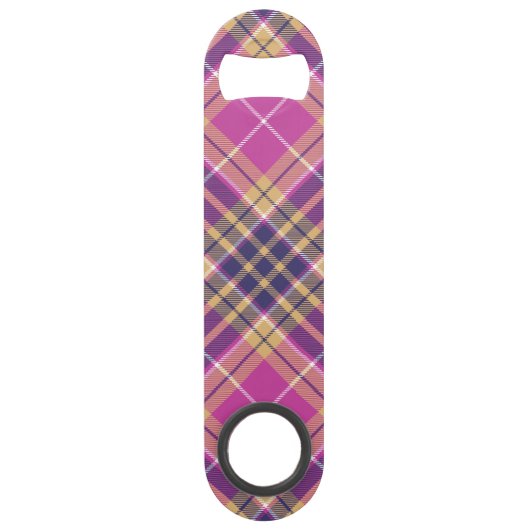 Roze, goud en blauwe tartan speed flessenopener (Achterkant)