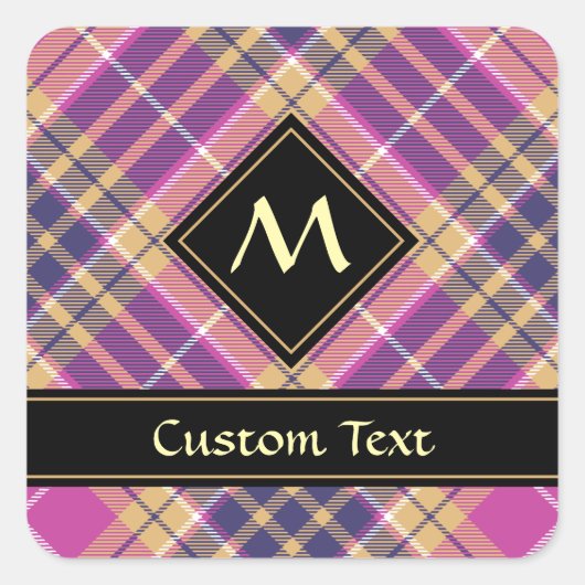 Roze, goud en blauwe tartan vierkante sticker (Voorkant)