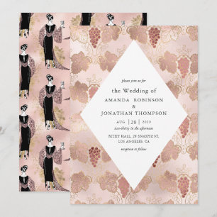 Roze goud en blos Franse wijn thema trouwfeest Kaart