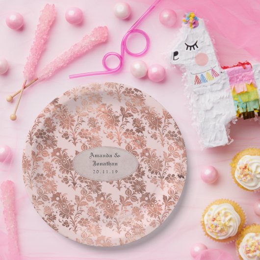 Roze Goud en Blush Bloemenfolie Bruiloft Papieren Bordje (Feest)