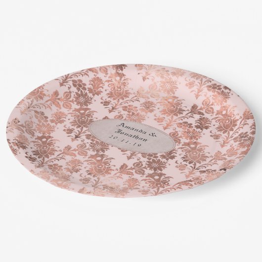 Roze Goud en Blush Bloemenfolie Bruiloft Papieren Bordje (Gekanteld)