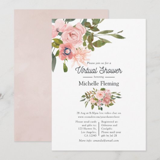 Roze Goud en Blush Bloemrijke Virtuele Baby Shower Kaart (Voorkant / Achterkant)