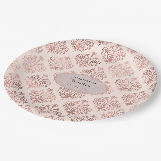 Roze Goud en Blush Damast Folie Bruiloft Papieren Bordje (Gekanteld)