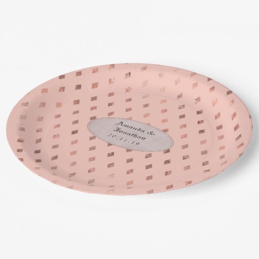 Roze Goud en Blush Folie Diamant Patroon Bruiloft Papieren Bordje (Gekanteld)