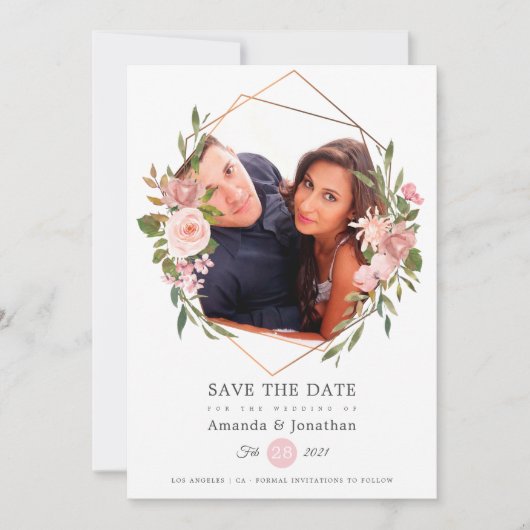 Roze Goud en Blush Geometrische Foto Bruiloft Save The Date (Voorkant)
