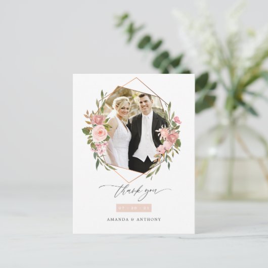Roze Goud en Blush Geometrische Trouwfoto Briefkaart (Staand voorkant)