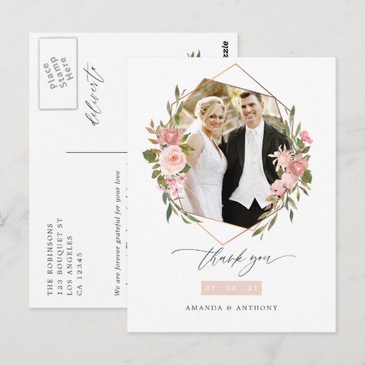 Roze Goud en Blush Geometrische Trouwfoto Briefkaart (Voorkant / Achterkant)