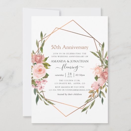 Roze Goud en Blush Roze 50ste Huwelijksverjaardag Kaart (Voorkant)