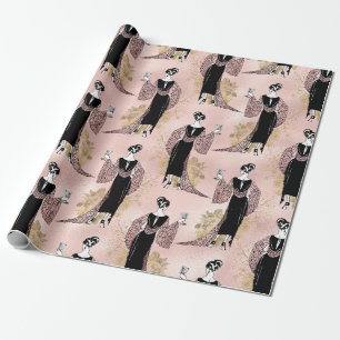 Roze Goud en Blush Roze Art Deco Wijn Cadeaupapier