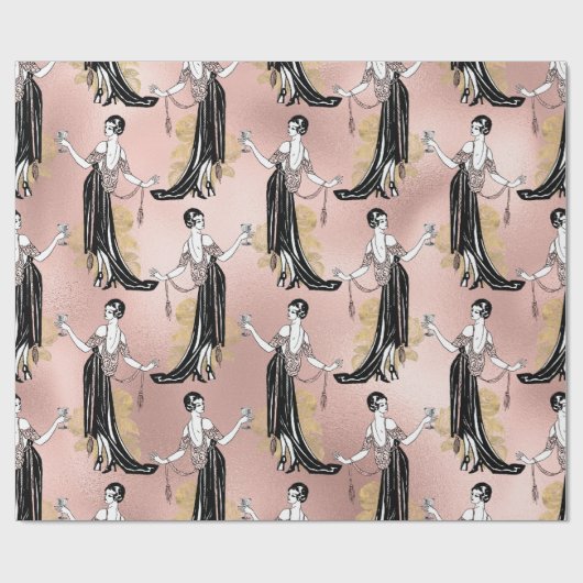Roze Goud en Blush Roze Art Deco Wijn Cadeaupapier (Vlak)