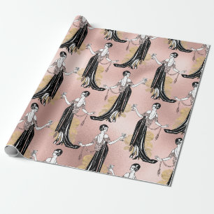 Roze Goud en Blush Roze Art Deco Wijn Cadeaupapier