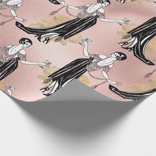Roze Goud en Blush Roze Art Deco Wijn Cadeaupapier (Hoek)