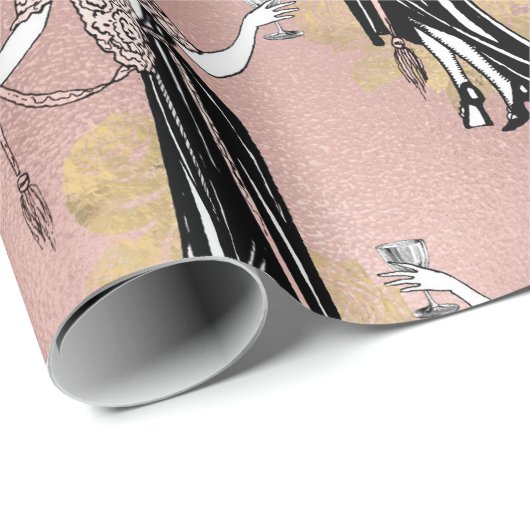 Roze Goud en Blush Roze Art Deco Wijn Cadeaupapier (Rol Hoek)