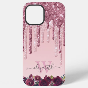 Roze Goud en Bourgondië Glitterende Drips Monogram iPhone 12 Pro Max Hoesje