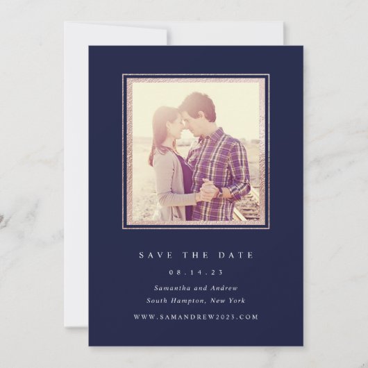 Roze Goud en Marineblauwe Foto Save The Date (Voorkant)