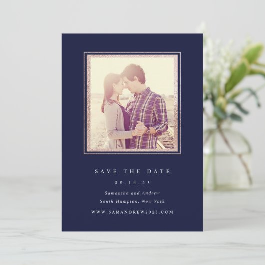 Roze Goud en Marineblauwe Foto Save The Date (Staand voorkant)