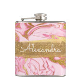 Roze, goud en marmer met goudfolie en glitter heupfles (Voorkant)