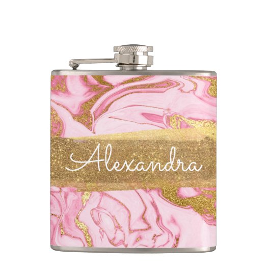 Roze, goud en marmer met goudfolie en glitter heupfles (Voorkant)
