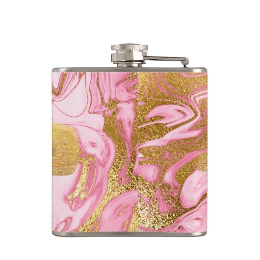 Roze, goud en marmer met goudfolie en glitter heupfles (Achterkant)