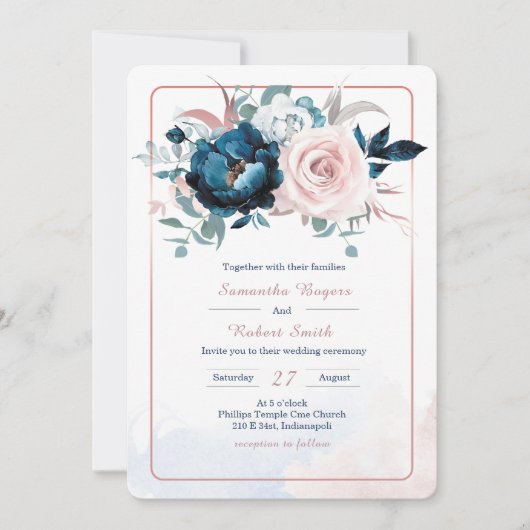 Roze Goud en Navy Blauwe Sjabloon Kaart (Voorkant)