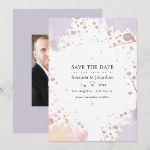 Roze Goud en Pastel Paarse Verfspatten Bruiloft Save The Date