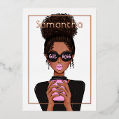 Roze Goud en Roze Afro Verjaardagsfeest Folie Uitn Folie Uitnodiging (Voorkant)