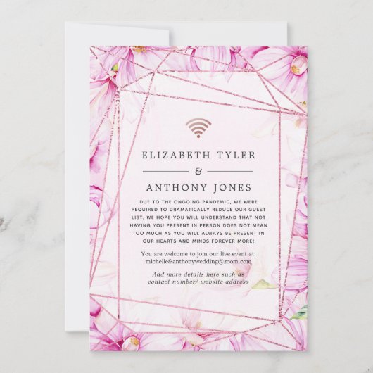 Roze Goud en Roze Bloemige Geometrische Trouw Gast Aankondiging (Voorkant)