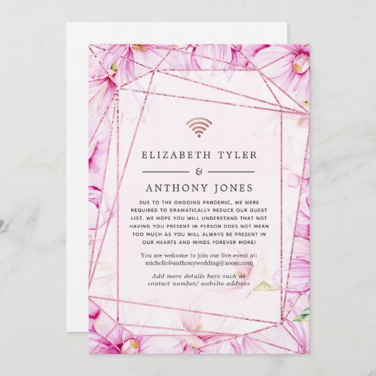 Roze Goud en Roze Bloemige Geometrische Trouw Gast Aankondiging (Voorkant / Achterkant)