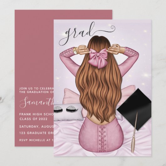 Roze Goud en Roze Ginger Meisjes Afstuderen Kaart (Voorkant / Achterkant)