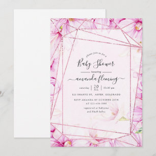 Roze Goud en Roze Magnolia Geometrische Baby Showe Kaart