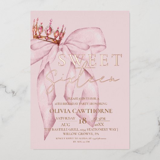 Roze Goud en Roze Sweet 16 Folie Uitnodiging (Voorkant)