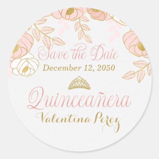 Roze Goud en Wit Bloemen Quinceanera Ronde Sticker (Voorkant)