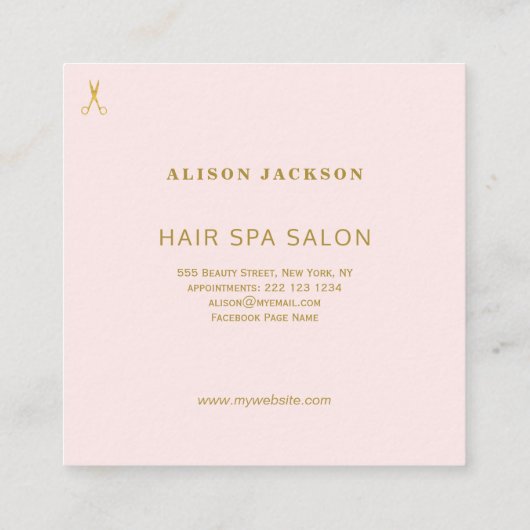 Roze goud en wit kapsalon glam haarstylist vierkante visitekaartje (Achterkant)