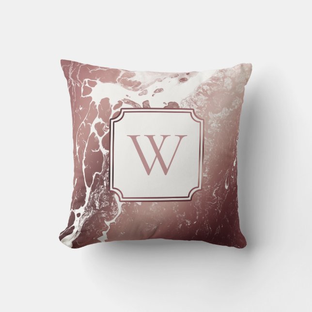 Roze goud en wit marmerpatroon met monogram kussen (Voorkant)