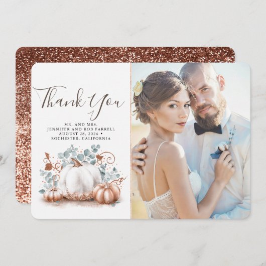 Roze Goud en Wit Pompoen Herfst Bruiloft Dank U Bedankkaart (Voorkant / Achterkant)