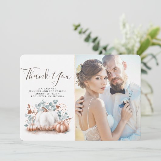 Roze Goud en Wit Pompoen Herfst Bruiloft Dank U Bedankkaart (Staand voorkant)