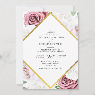 Roze Goud en Witte Bloem Gouden Geometrische Huwel Kaart