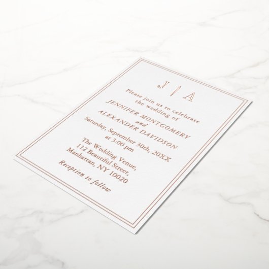 Roze Goud En Witte Monogram Moderne Eenvoudige Bru Folie Uitnodiging (Gedraaid)