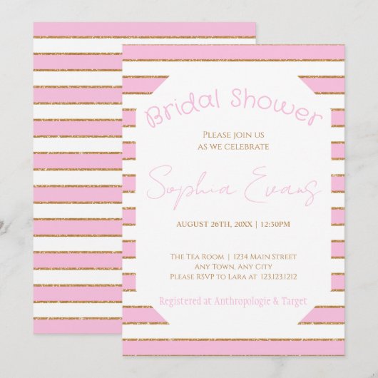 Roze goud en witte stripte Vrijgezellenfeest Kaart (Voorkant / Achterkant)