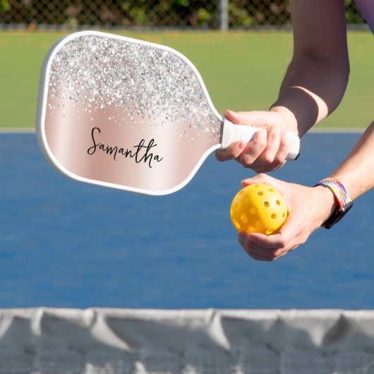Roze Goud en Zilver Glitter Glam Script Naam Pickleball Paddle (Insitu)
