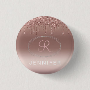 Roze Goud en Zilver Glitter Monogram Ronde Button 3,2 Cm