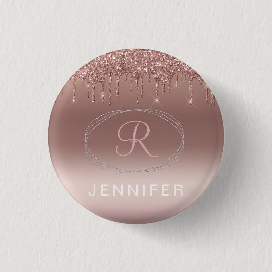 Roze Goud en Zilver Glitter Monogram Ronde Button 3,2 Cm (Voorkant)