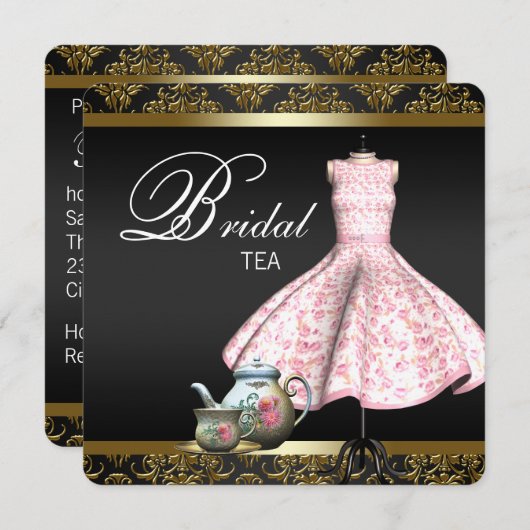 Roze Goud en Zwart Damask Bruids Tea Party Kaart (Voorkant / Achterkant)