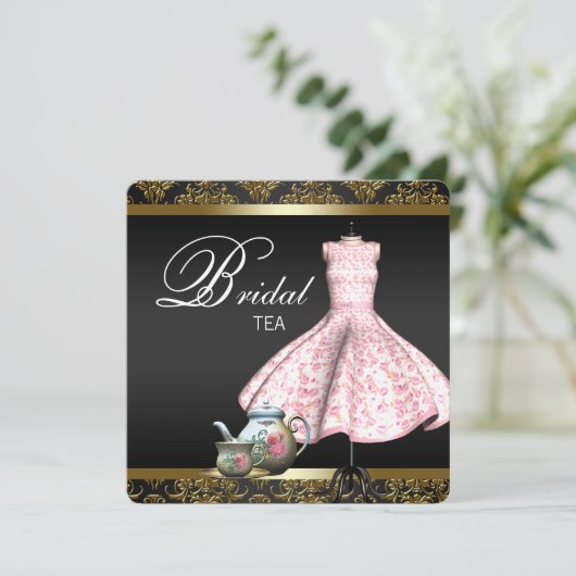 Roze Goud en Zwart Damask Bruids Tea Party Kaart (Staand voorkant)