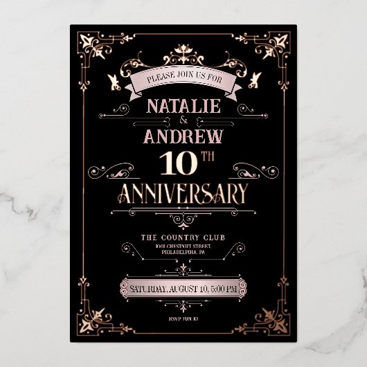 Roze Goud en Zwart Elegant Folie Uitnodiging (Voorkant)